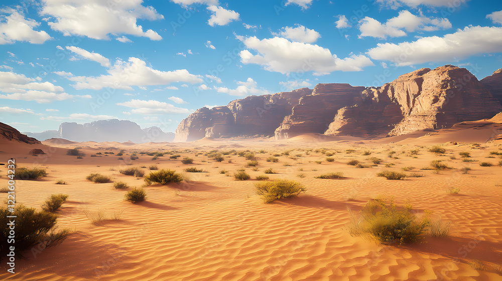 Naklejka premium A majestic desert landscape with towering sand dunes and sparse vegetation. Majestic Desert. Illustration