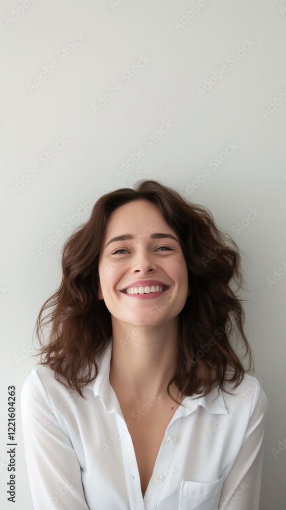 A cheerful woman with curly brown hair is smiling widely in a bright, minimalistic room. The soft lighting highlights her joyful expression, creating a warm atmosphere A cheerful woman with curly brown hair is smiling widely in a bright, minimalistic room. The soft lighting highlights her joyful expression, creating a warm atmosphere