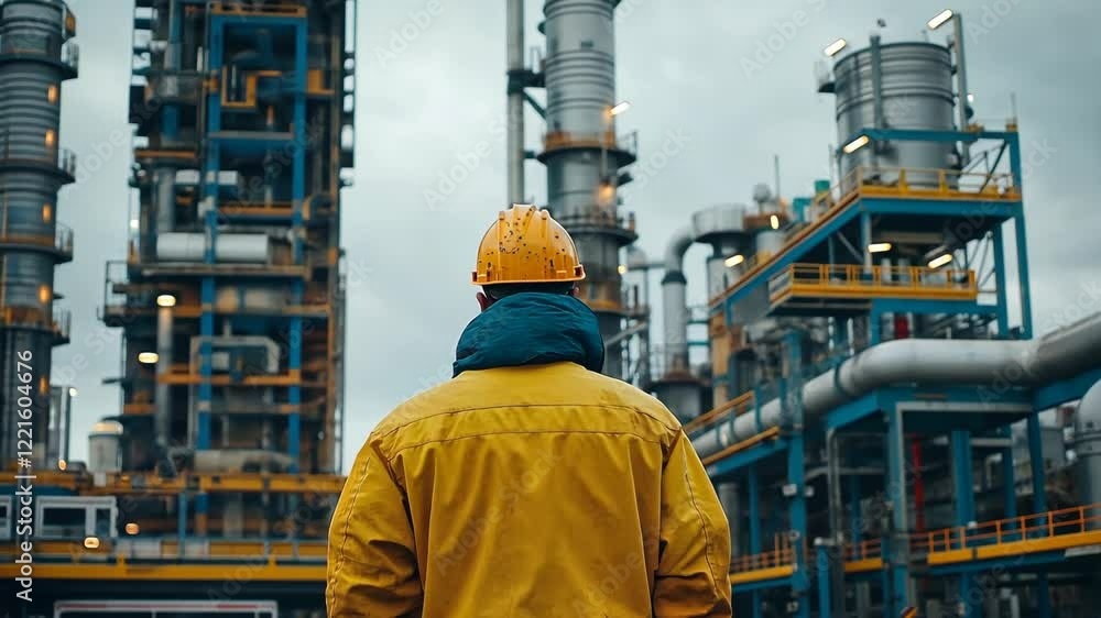 Worker inspects industrial facility in overcast weather while engaging with industrial machinery at a processing plant Worker inspects industrial facility in overcast weather while engaging with industrial machinery at a processing plant