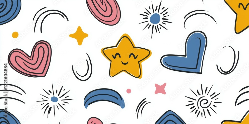 Naklejka premium Colorful pattern of hearts and stars with a smiling star in the middle