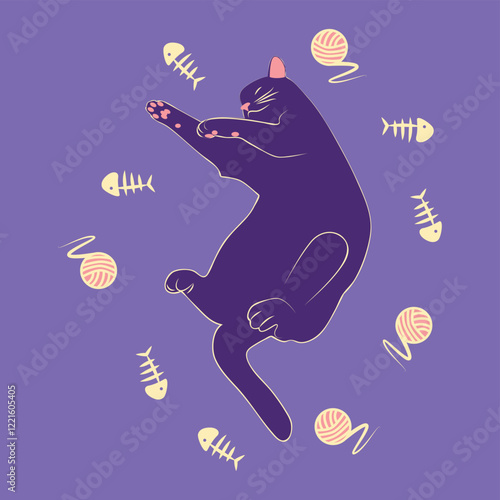 Mystical cat in boho style surrounded by stars, zodiac signs, balls, paw prints, silhouette collection. Esotericism and mysticism, occultism. Cartoon flat vector illustration.