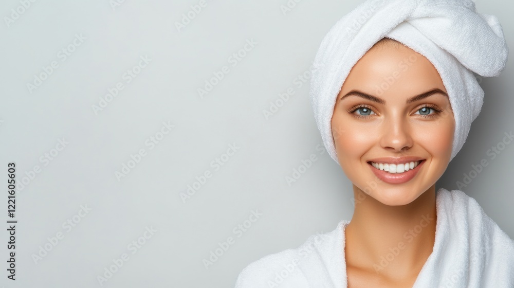 Beautiful young woman with towel on head smiling against neutral background showcasing radiant skin and natural beauty Beautiful young woman with towel on head smiling against neutral background showcasing radiant skin and natural beauty