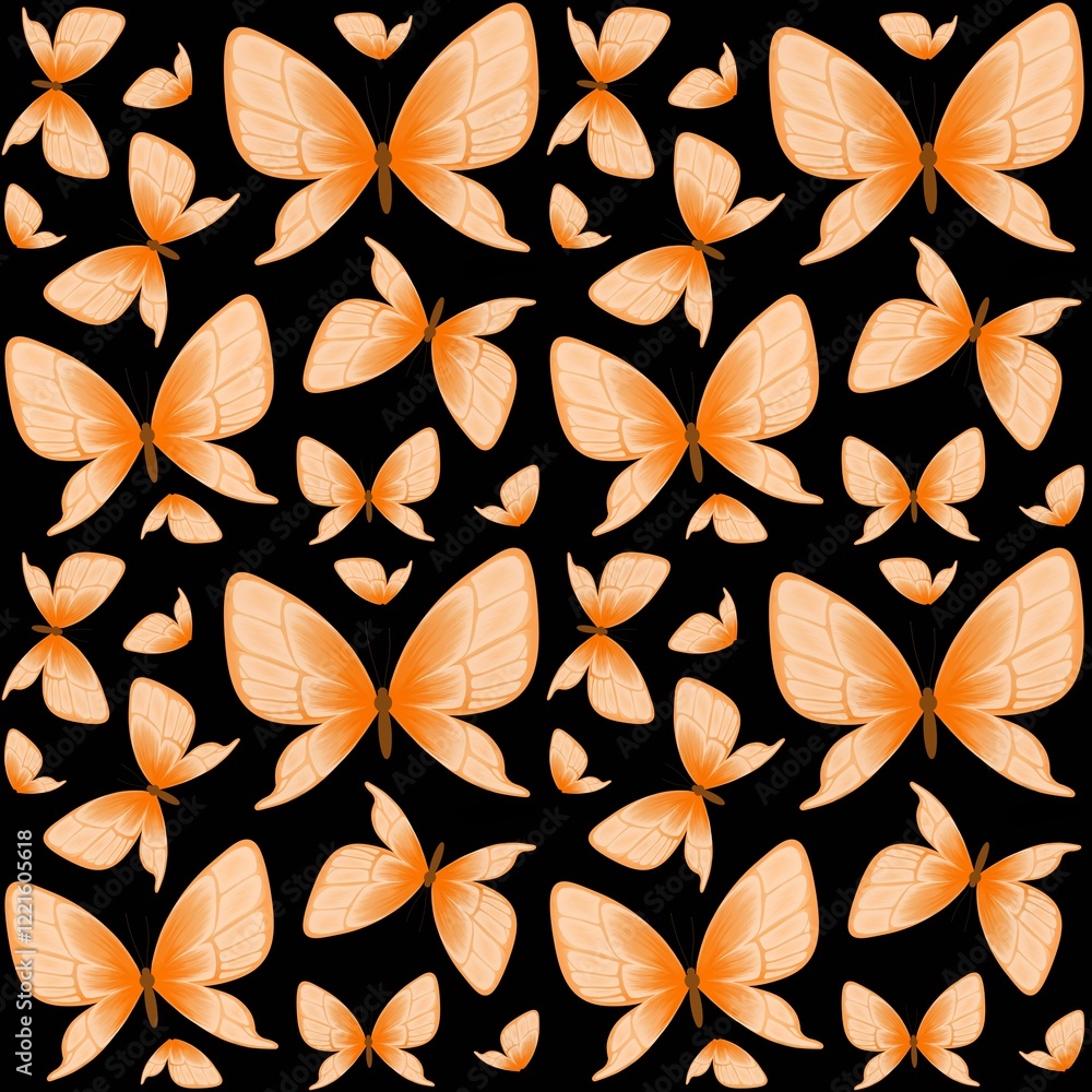 Orange butterfly on black background seamless pattern Orange butterfly on black background seamless pattern