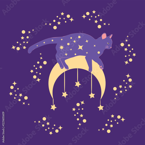 Mystical cat in boho style surrounded by stars, zodiac signs, balls, paw prints, silhouette collection. Esotericism and mysticism, occultism. Cartoon flat vector illustration.