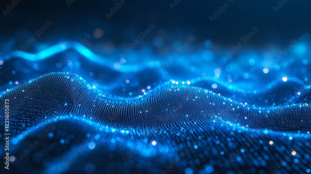 Banner for a technology concept with an abstract background of blue glowing particles. Stars and bokeh lights on a dark blue blurred background. Banner for a technology concept with an abstract background of blue glowing particles. Stars and bokeh lights on a dark blue blurred background.