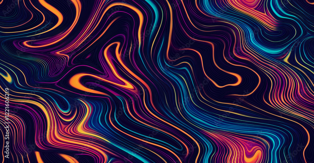 Fototapeta premium Psychedelic abstract seamless pattern with colorful fluid swirls in neon orange blue and purple gradients