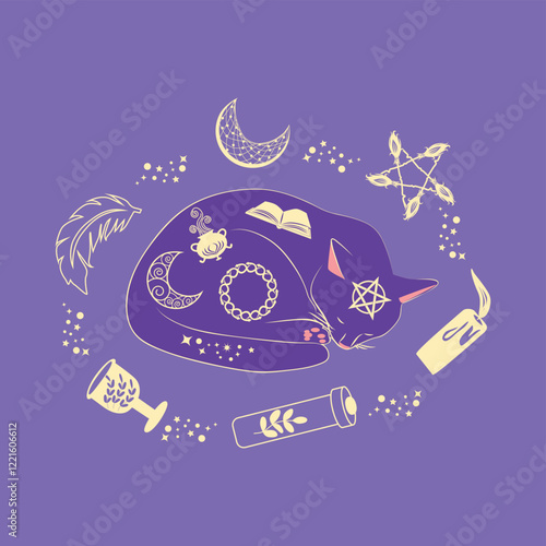 Mystical cat in boho style surrounded by stars, zodiac signs, balls, paw prints, silhouette collection. Esotericism and mysticism, occultism. Cartoon flat vector illustration.