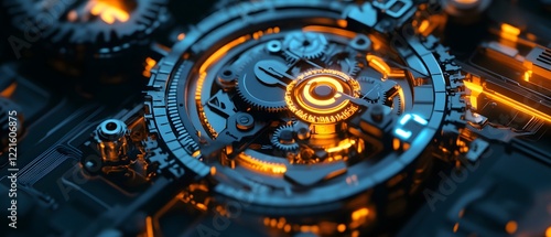 Wallpaper Mural A close-up view of intricate mechanical gears illuminated by warm orange lights. The blend of metal and light showcases the beauty of engineering and innovation in technology. Torontodigital.ca