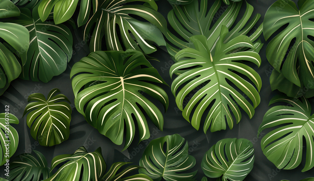 Seamless vibrant green monstera tropical leaves pattern on dark textured background Seamless vibrant green monstera tropical leaves pattern on dark textured background
