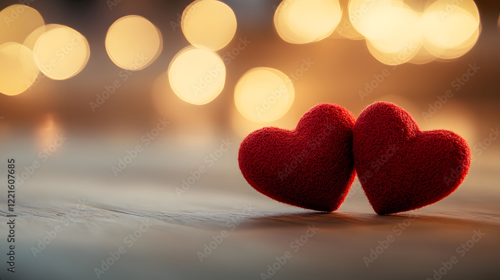 Two red hearts placed closely together on a wooden table surface Two red hearts placed closely together on a wooden table surface