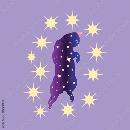 Mystical cat in boho style surrounded by stars, zodiac signs, balls, paw prints, silhouette collection. Esotericism and mysticism, occultism. Cartoon flat vector illustration.