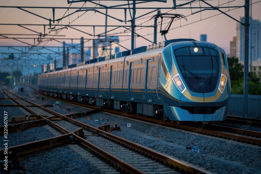 Naklejka premium Futuristic Blue And Gold Train On Illuminated Tracks In An Urban Cityscape