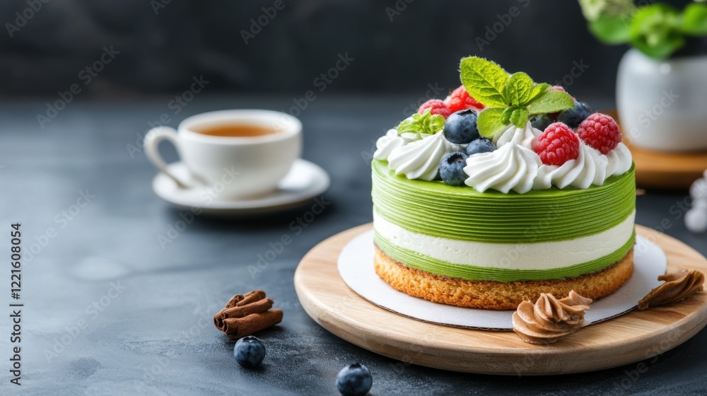 Beautiful green cake with fresh berries and cream served with a cup of tea in a cozy setting Beautiful green cake with fresh berries and cream served with a cup of tea in a cozy setting