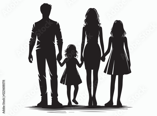 Silhouette of a Family with Two Parents and a Child Holding Hands