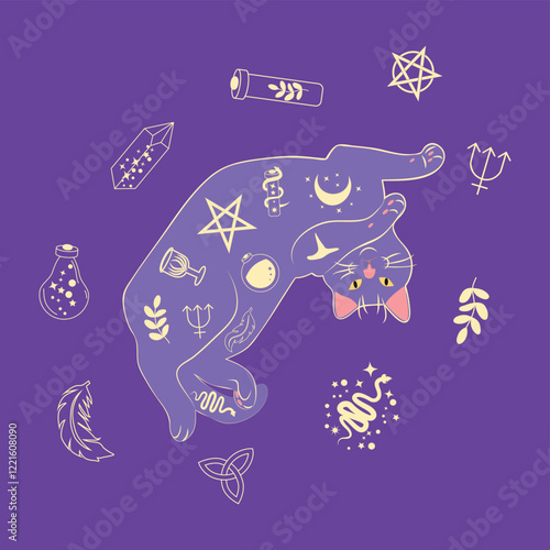 Mystical cat in boho style surrounded by stars, zodiac signs, balls, paw prints, silhouette collection. Esotericism and mysticism, occultism. Cartoon flat vector illustration.