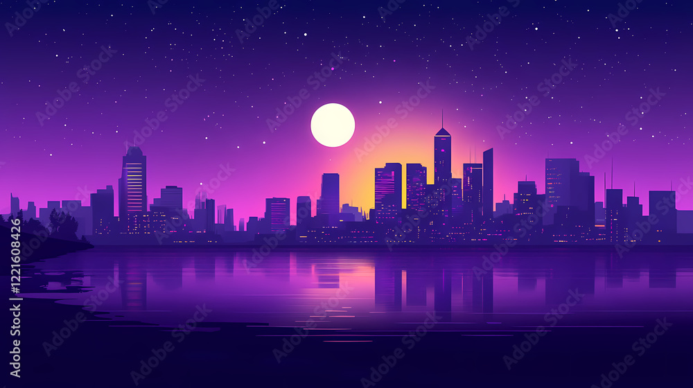 Futuristic cityscape illuminated by neon lights under a midnight purple sky. Midnight Horizon. Illustration Futuristic cityscape illuminated by neon lights under a midnight purple sky. Midnight Horizon. Illustration
