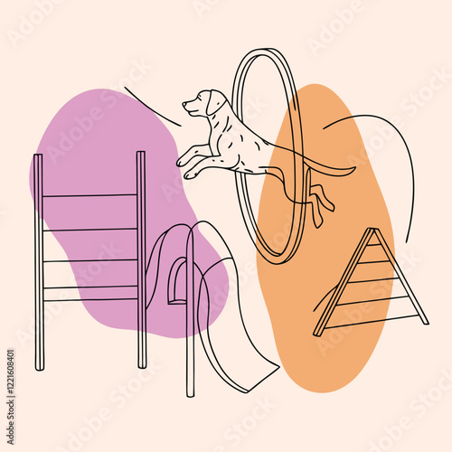 Dynamic Dog Agility Training Illustration with Colorful Motion Blobs