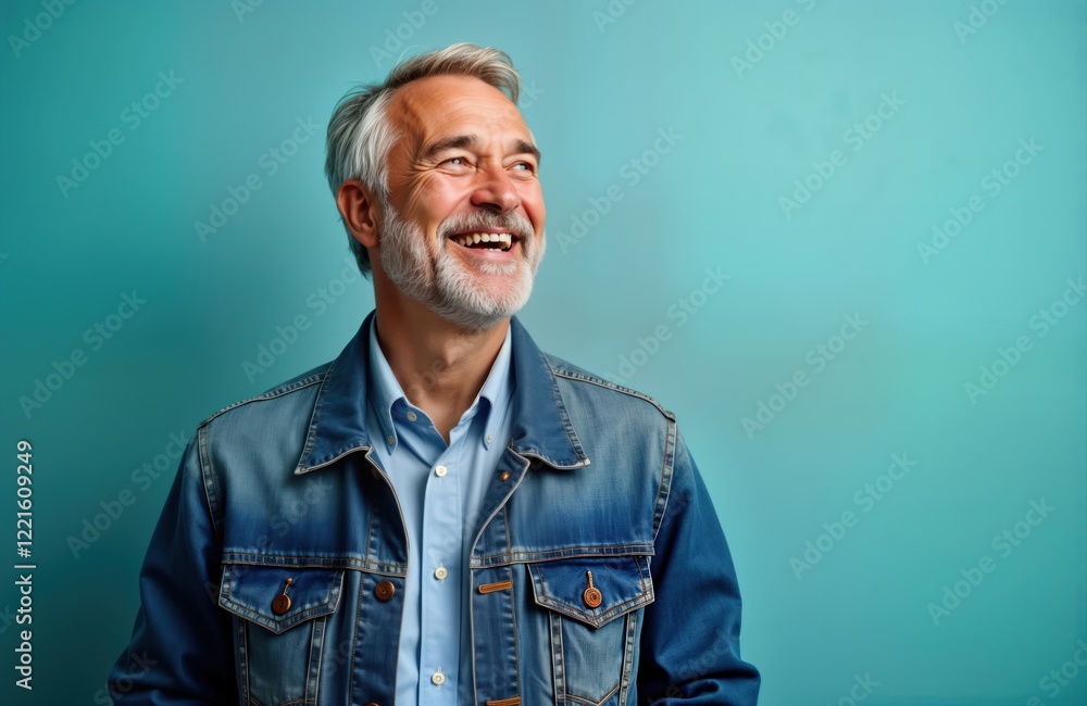 Mature man smiles broadly at camera in casual attire. Wears denim jacket over light blue shirt. Studio portrait against solid teal background. Man looking up, smiling. Photo captures joyful Mature man smiles broadly at camera in casual attire. Wears denim jacket over light blue shirt. Studio portrait against solid teal background. Man looking up, smiling. Photo captures joyful