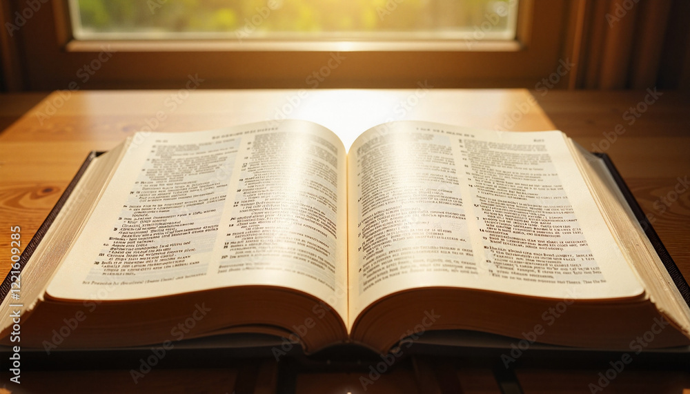 Open Bible on wooden table with sunlight Open Bible on wooden table with sunlight