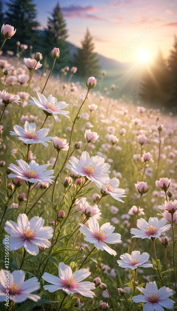 Obraz premium Flowers growing in a clearing against the background of the forest, mountains and the sun
