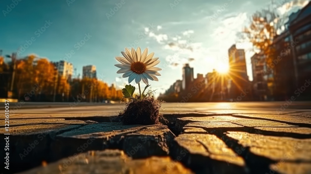 Obraz premium A solitary daisy flower emerges triumphantly from cracked asphalt, representing hope and beauty in urban life, illuminated by the warm glow of a setting sun in the background.