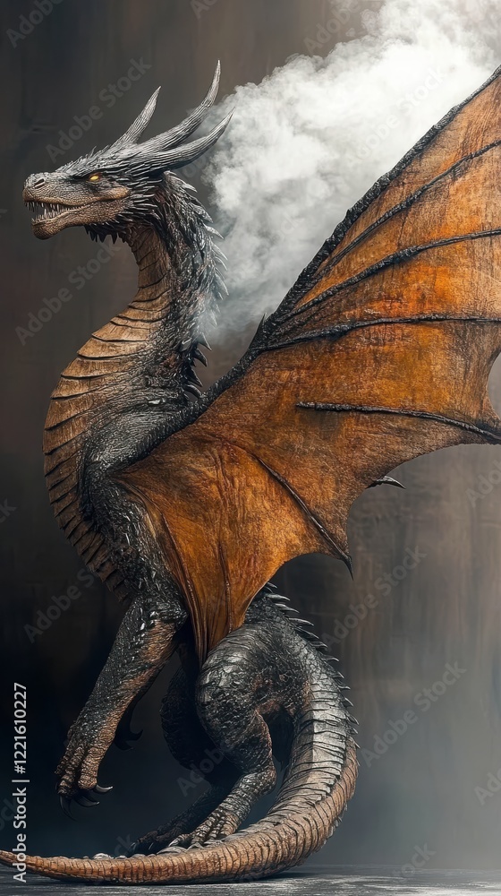 Obraz premium A striking black dragon with magnificent wings exhales smoke. This mythical creature stands proud, showcasing its textured scales and powerful design in stunning detail.