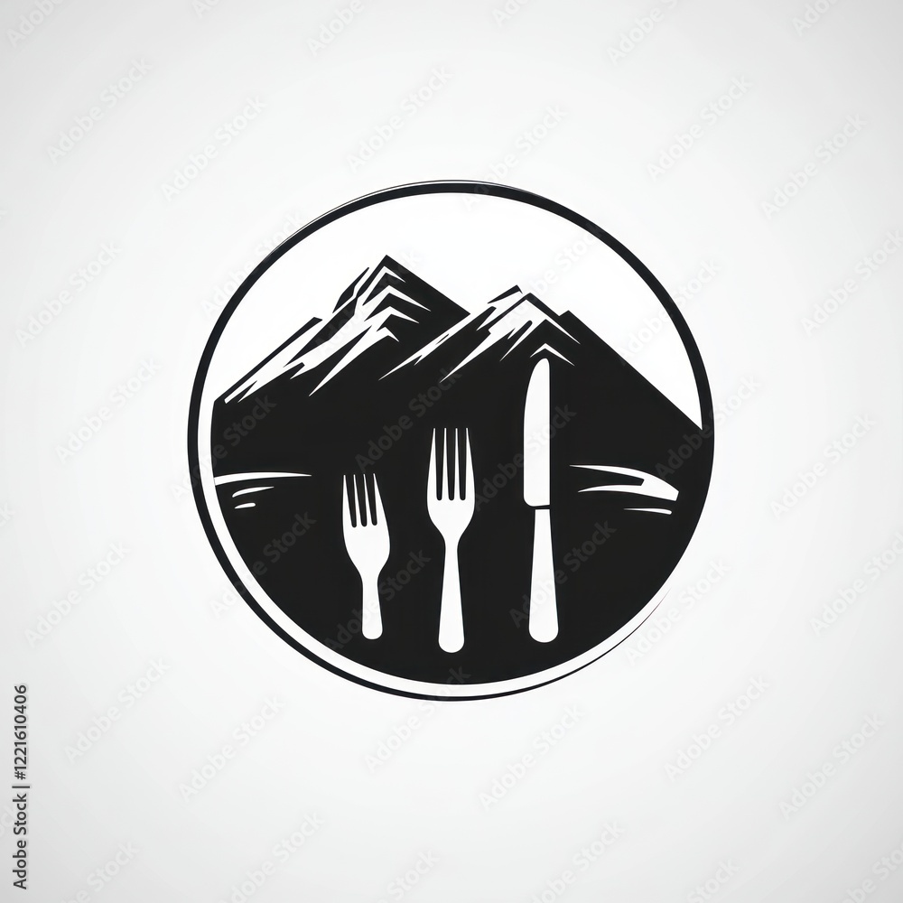 Mountain Cuisine Logo,  Fork Knife Spoon, Restaurant Icon,  Food and Mountain