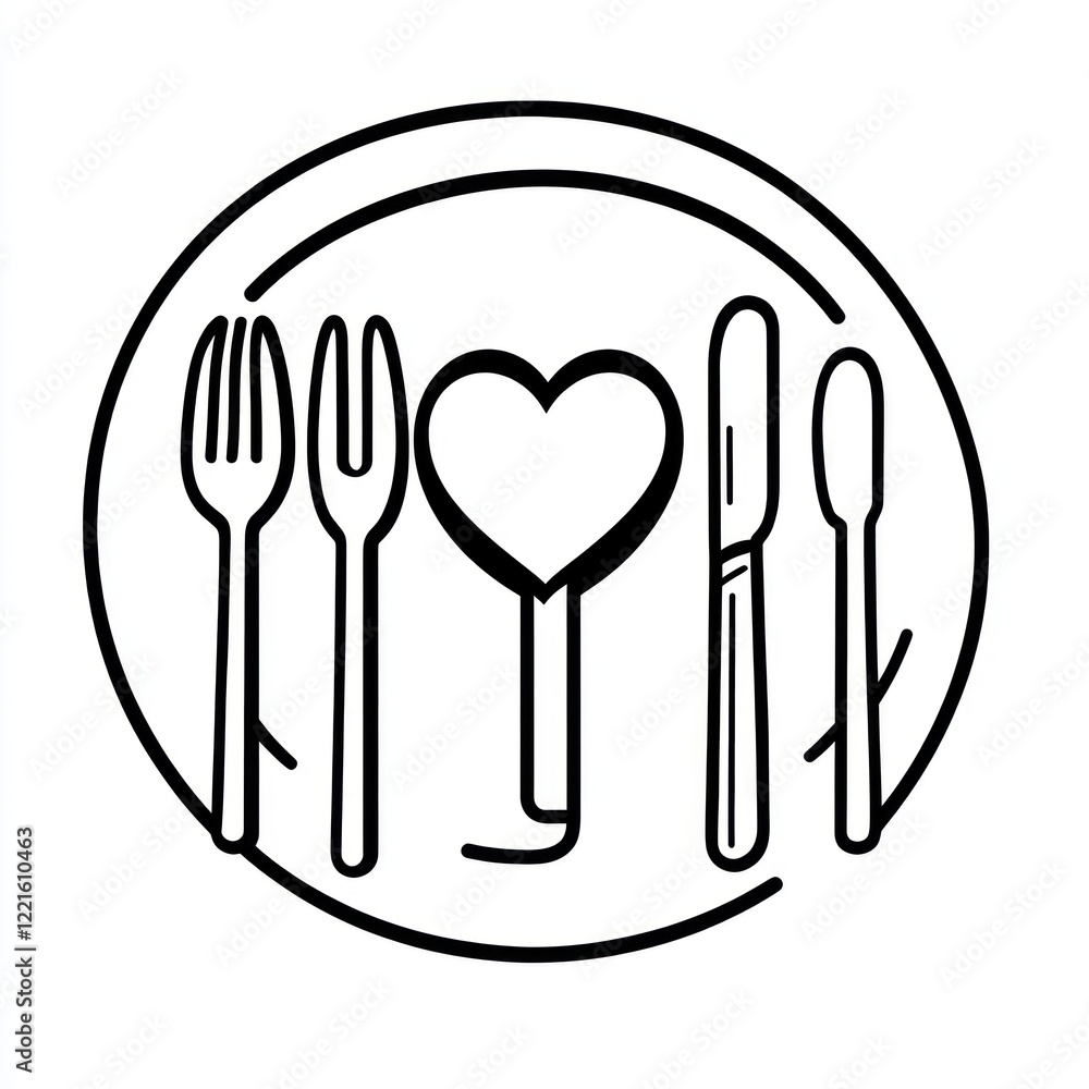 Fototapeta premium Heart-shaped food on plate with cutlery. Romantic dinner, restaurant illustration