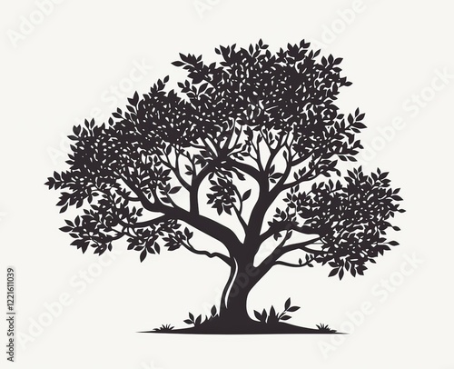  an elegant tree with leaves, outlined in black on a white background photo