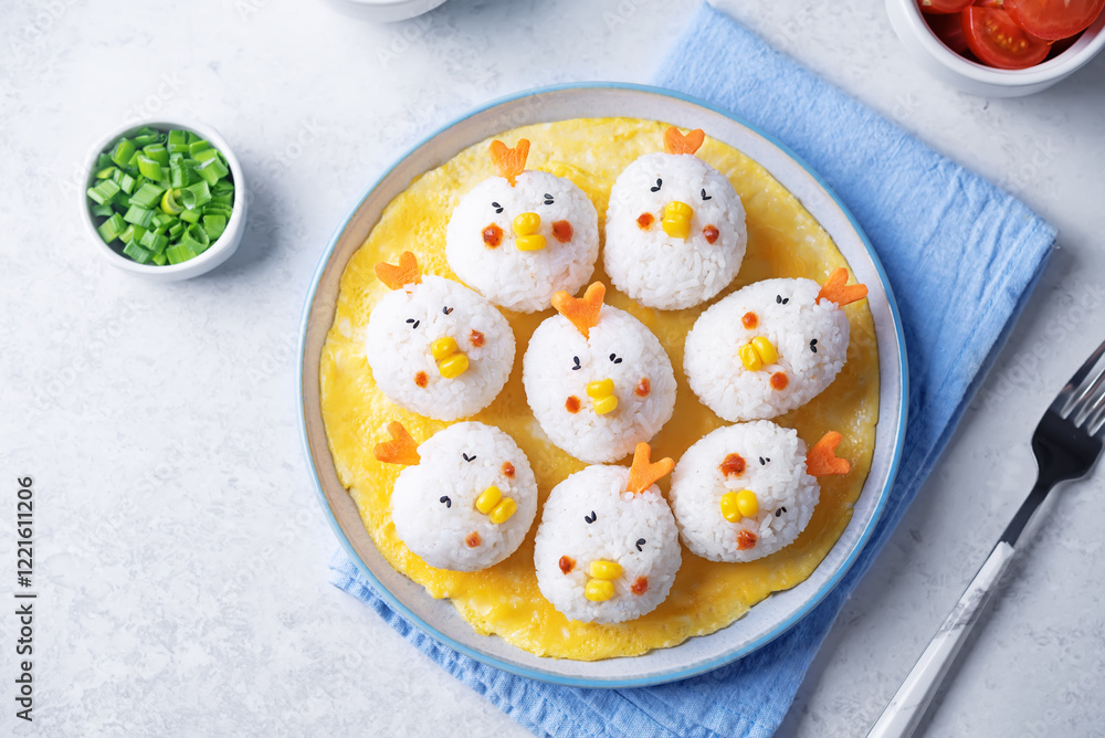 Φωτογραφία Rice ball onigiri with filling in the form of chicken with funny faces in a plat