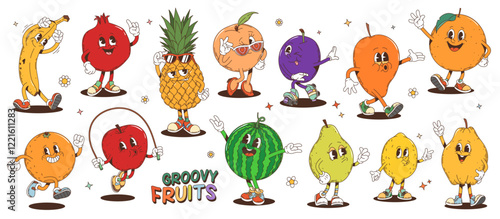 Cartoon groovy fruits retro characters of cute hippie food vector personages. Funny psychedelic apple, orange, mango and banana, funky groovy watermelon, pineapple and peach fruits characters