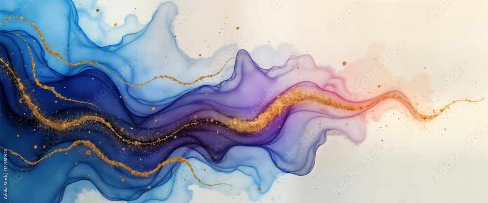 Abstract art piece with flowing colours. Blue violet, gold colours combined in marble pattern. Alcohol ink technique creates dynamic texture resembling liquid landscape. Gold glitter adds touch of Abstract art piece with flowing colours. Blue violet, gold colours combined in marble pattern. Alcohol ink technique creates dynamic texture resembling liquid landscape. Gold glitter adds touch of