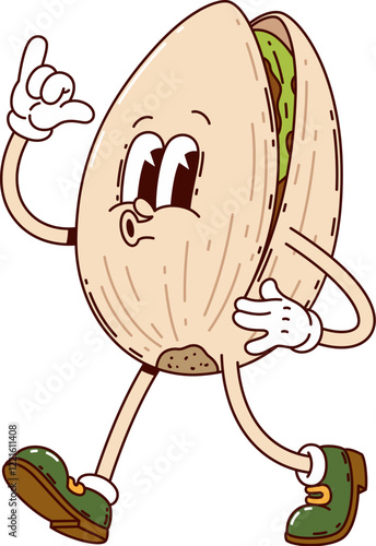 Cartoon groovy pistachio nut character features carefree expression, wearing hippie sneakers. Isolated vector quirky, whimsical food retro personage with cheerful face, conveying funky y2k vibe
