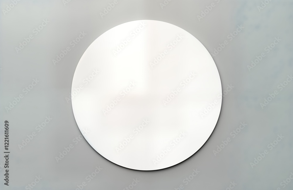 Blank white round sticker on grey background. Empty space for design. Versatile item. Ideal for mockup. Suitable for shop window displays wall decor. Modern, minimalist design. Possible uses in Blank white round sticker on grey background. Empty space for design. Versatile item. Ideal for mockup. Suitable for shop window displays wall decor. Modern, minimalist design. Possible uses in