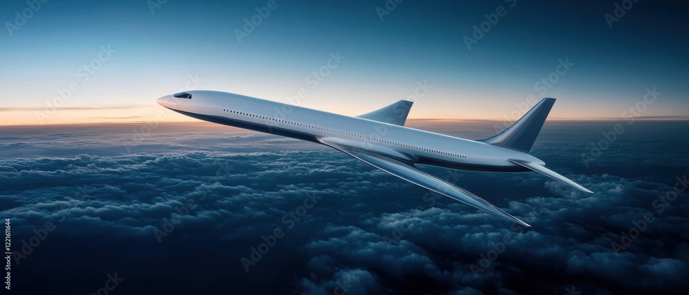 Sleek White Concept Aircraft Flying Above Clouds at Sunset Overlooking a Calm Horizon Sleek White Concept Aircraft Flying Above Clouds at Sunset Overlooking a Calm Horizon