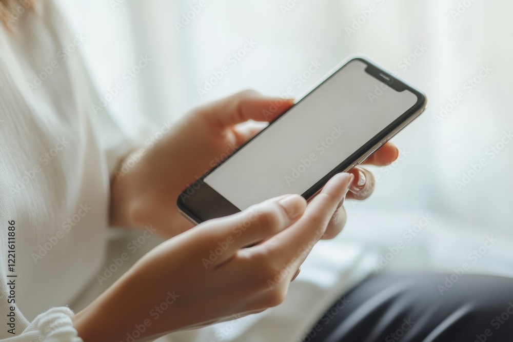 A person is holding a smartphone displaying a blank white screen, emphasizing technology and connectivity in everyday life. A person is holding a smartphone displaying a blank white screen, emphasizing technology and connectivity in everyday life.