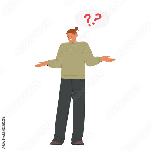 Confused adult man cartoon character shrugging feeling misunderstanding asking various question