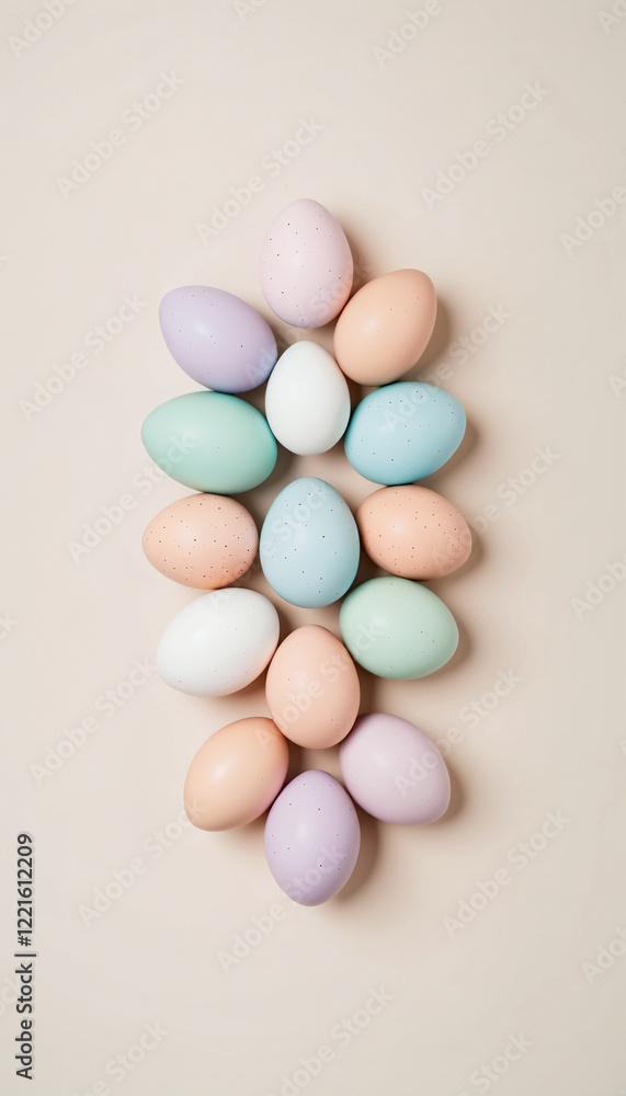 A set of pastel Easter eggs arranged on a neutral background, leaving space for branding or holiday messages. Perfect for seasonal designs. A set of pastel Easter eggs arranged on a neutral background, leaving space for branding or holiday messages. Perfect for seasonal designs.