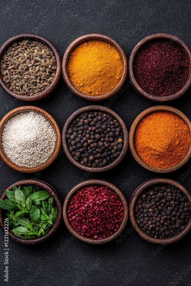Assortment of spices in wooden bowls on dark background Assortment of spices in wooden bowls on dark background