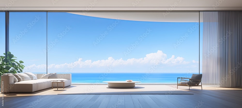 Spacious living room with floor-to-ceiling windows overlooking the sea and blue sky, light gray wooden floors, minimalistic design with a sofa, coffee table, bright natural lighting Spacious living room with floor-to-ceiling windows overlooking the sea and blue sky, light gray wooden floors, minimalistic design with a sofa, coffee table, bright natural lighting