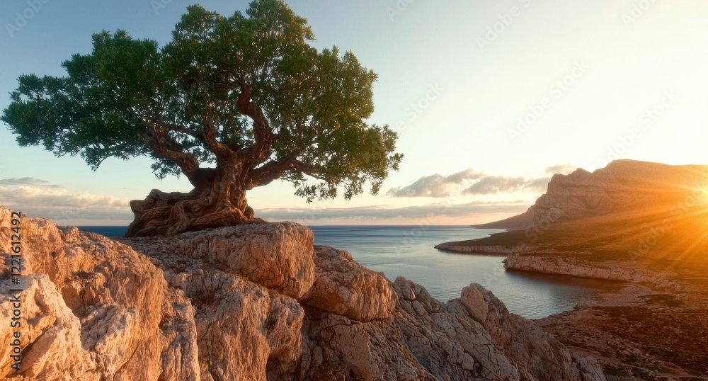 Fototapeta premium Lonely tree on a cliff overlooking the ocean at sunset