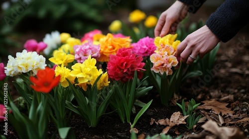 Wallpaper Mural A person carefully picks colorful flowers from a garden bed enriched with mulch, enjoying the beauty of nature and gardening. Torontodigital.ca