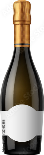 Realistic champagne alcohol glass bottle featuring blank label for branding presentations, marketing campaigns and product showcase. Isolated 3d vector flask mockup highlighting luxury and celebration