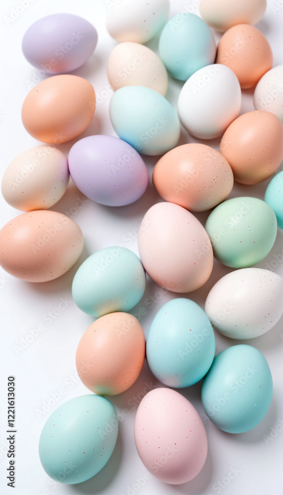A set of pastel Easter eggs arranged on a neutral background A set of pastel Easter eggs arranged on a neutral background