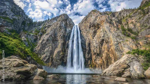 Majestic waterfall cascading down rocky cliffs, lush greenery background, nature tourism