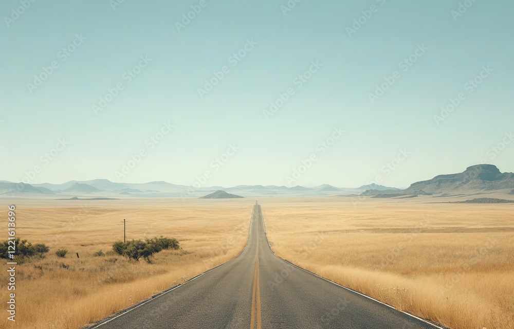 Fototapeta premium Straight road leading to the horizon, with mountains in the background and desert on both sides, clear blue sky, yellow lines marking the asphalt, symbolizing endless journey
