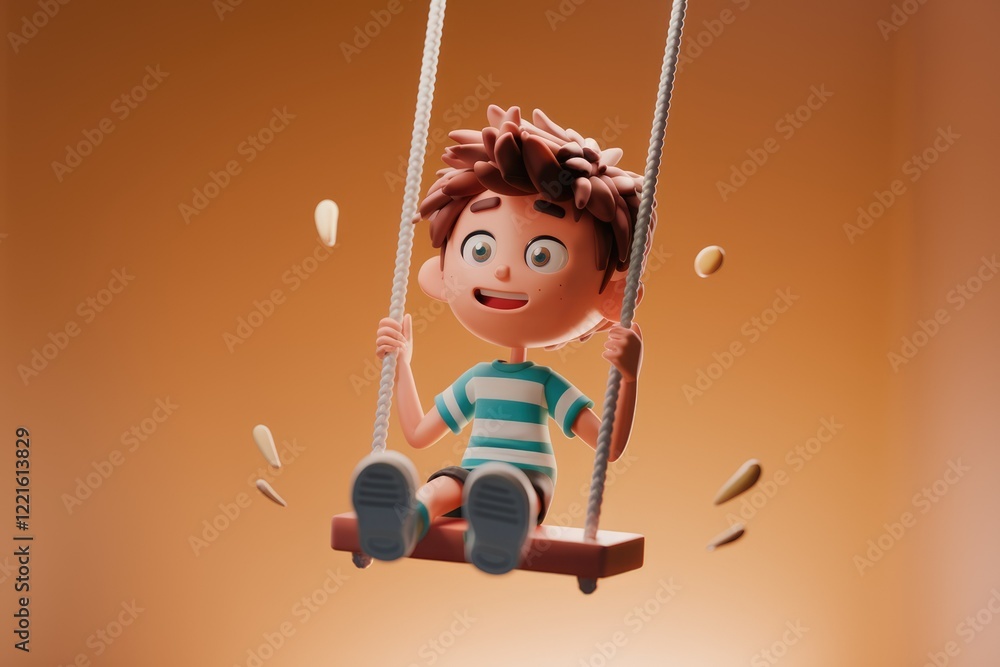 The Cheerful Swinging Boy With Brown Hair And Wide Eyes The Cheerful Swinging Boy With Brown Hair And Wide Eyes