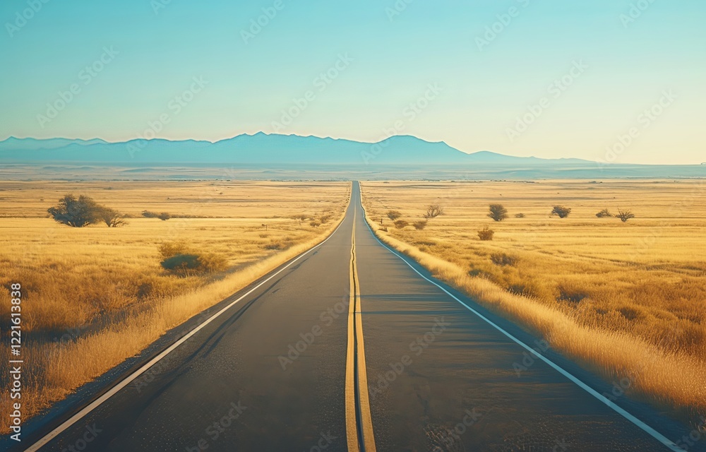 Fototapeta premium Straight road leading to the horizon, with mountains in the background and desert on both sides, clear blue sky, yellow lines marking the asphalt, symbolizing endless journey 