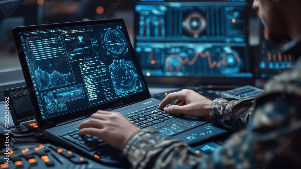 Obraz premium A person is focused on a laptop displaying multiple screens filled with data and information.