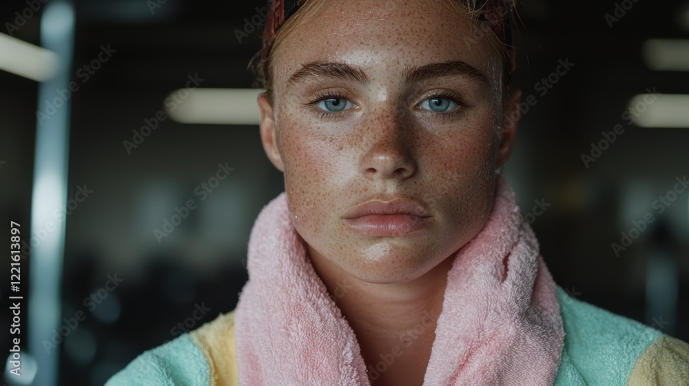 Close-up portrait of a sweaty woman after a workout, wearing a pastel bathrobe. Close-up portrait of a sweaty woman after a workout, wearing a pastel bathrobe.